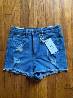HERS Distressed Frayed Hem Denim Shorts - Blue